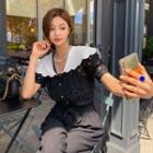 Contrast-collar Scallop-edge Lace Blouse