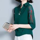 Elbow-sleeve Butterfly Embroidered Blouse