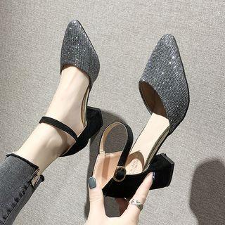 Ankle Strap Rhinestone Pointy Toe Block Heel Sandals