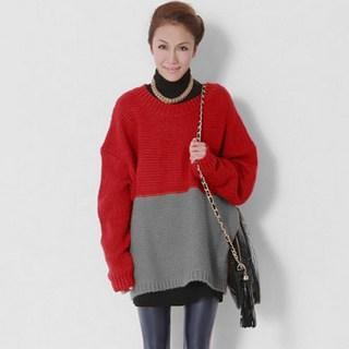 Color-block Knit Sweater Red & Gray - One Size