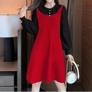 Mock Two-piece Collared Knit Midi A-line Dress