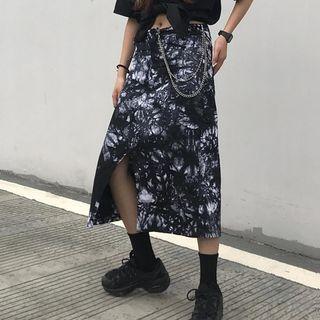 Tie-dye Print Slit Midi A-line Skirt