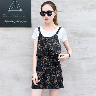 Set: Short-sleeve T-shirt + Floral Print Spaghetti Strap Short Dungaree
