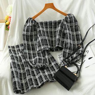 Set: Long-sleeve Plaid Crop Top + Mini A-line Skirt