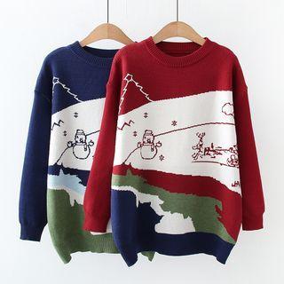 Snowman Print Color Block Sweater