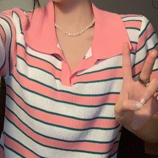 Short-sleeve Striped Knit Polo Shirt Striped - White & Pink - One Size