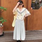 Contrast Trim Sailor Collar Elbow-sleeve Blouse / Midi A-line Skirt