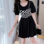 Mock Two-piece Short-sleeve Checkered Panel A-line Dress