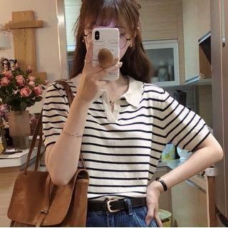 V-neck Striped Polo Top Stripe - Black & White - One Size