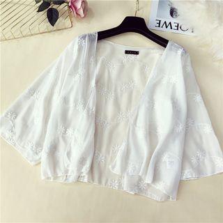 Elbow-sleeve Embroidered Light Jacket White - One Size