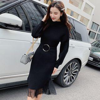 Set: Mock Neck Long-sleeve Midi Knit Dress + Midi Skirt