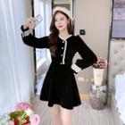 Long-sleeve Lace-panel Corduroy A-line Dress