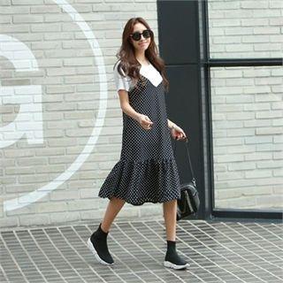 Spaghetti-strap Polka-dot Pinafore Dress
