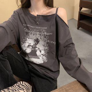 Cold-shoulder Asymmetrical Printed T-shirt