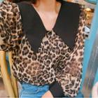 Chelsea-collar Leopard Chiffon Blouse Brown - One Size