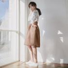 Set; Hanbok Top (floral / Ivory) + Skirt (midi / Brown)