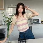 Puff-sleeve Square-neck Chiffon Panel Flower Knit Cropped Top