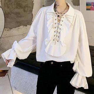 Lace-up Ruffle Trim Shirt