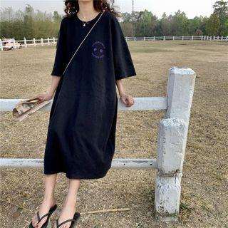 Elbow-sleeve Lettering Midi T-shirt Dress Black - One Size