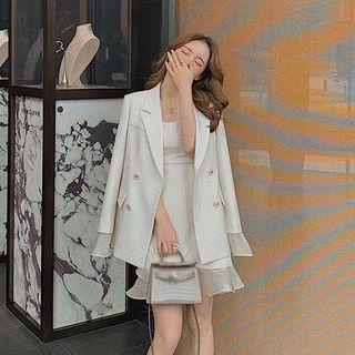 Set: Double-breasted Blazer + Spaghetti-strap Ruffle Mini Dress