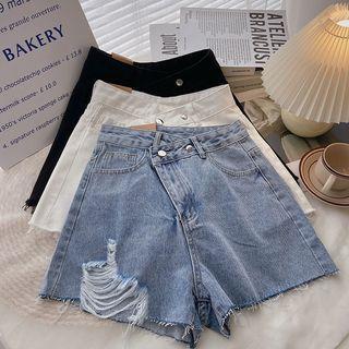 High-waist Frayed Asymmetrical Denim Shorts
