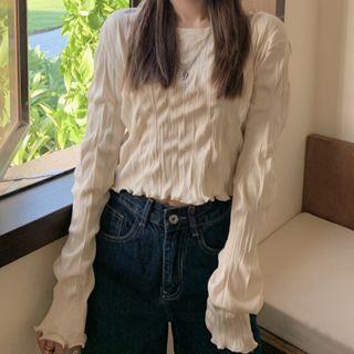 Long-sleeve Crinkle Top Beige - One Size