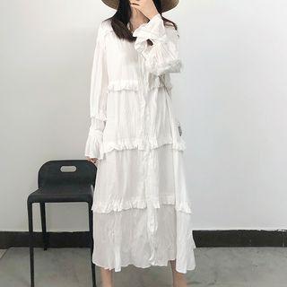 Long-sleeve Frill Trim Midi Dress