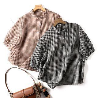 Elbow-sleeve Button-up Gingham Blouse