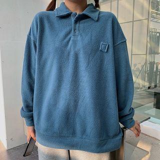 Fleece Button-up Plain Polo Sweatshirt