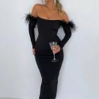 Long-sleeve Off-shoulder Feather Midi Bodycon Dress
