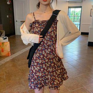 Plain Cardigan / Floral Print Spaghetti-strap Mini A-line Dress