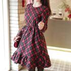 Tie-waist Frill-hem Plaid Dress Wine Red - One Size