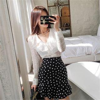 Deep V-neck Metallic-button Lace Blouse