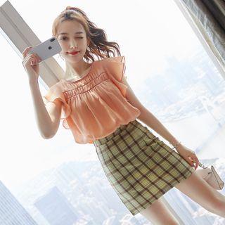 Set: Short-sleeve Chiffon Top + Plaid Mini A-line Skirt