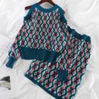Set: Off-shoulder Knit Top + Printed Skirt