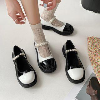 Faux Pearl Cap-toe Platform Mary Jane Shoes