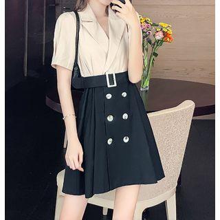 Short-sleeve Mock Two-piece Tie-waist Dress As Shown In Figure - One Size