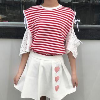 Perforated Panel Striped Elbow Sleeve T-shirt