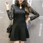 Long-sleeve Lace-panel Bow-accent Dress