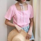Tie-neck Square-neck Short-sleeve T-shirt