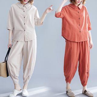 Set : Plain Semi Sleeve Shirt + Asymmetrical Cropped Pants