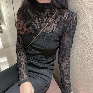 Mock Neck Plain Lace Top Black - One Size