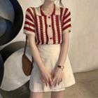 Short-sleeve Striped Pointelle Polo Knit Top