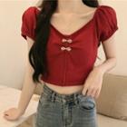 Frog-button Puff-sleeve Cropped Blouse