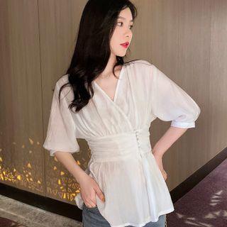 White Waist V-neck Shirt