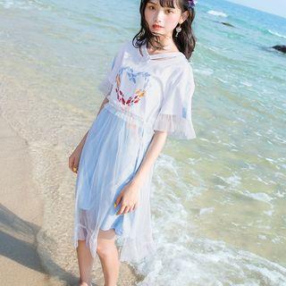 Short-sleeve Fish Print Mesh Panel T-shirt Dress