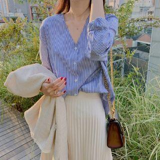 V-neck Long-sleeve Striped Shirt