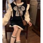 Two-tone Bow Knit Mini A-line Dress Black - One Size