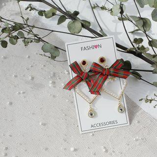 Plaid Bow Faux Pearl Heart Rhinestone Dangle Earring