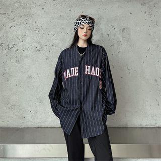 Striped Lettering Embroidered Button Jacket